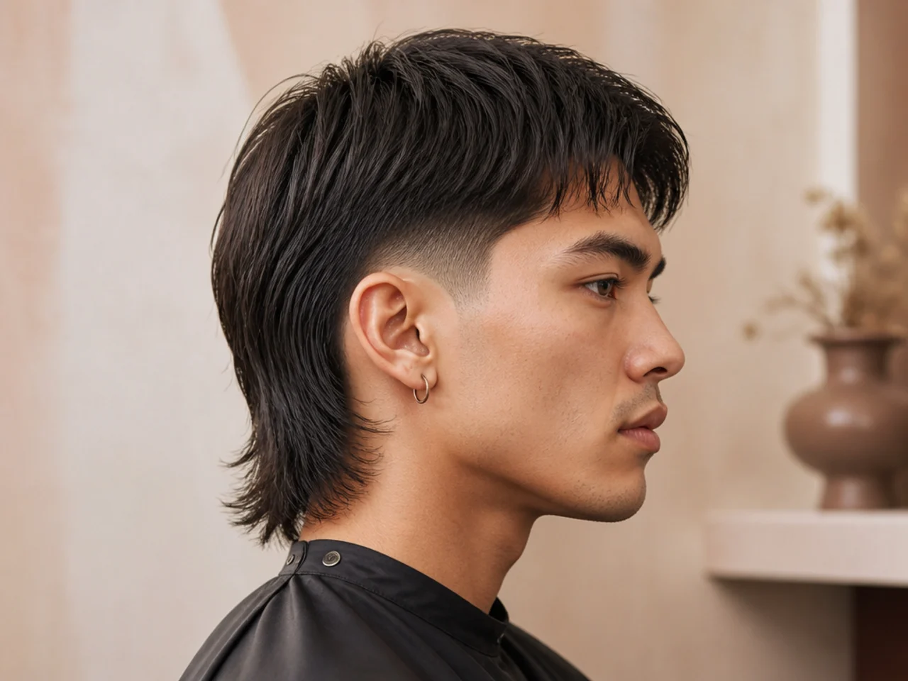 Straight hair low taper fade mullet with clean lines and layered three-inch back