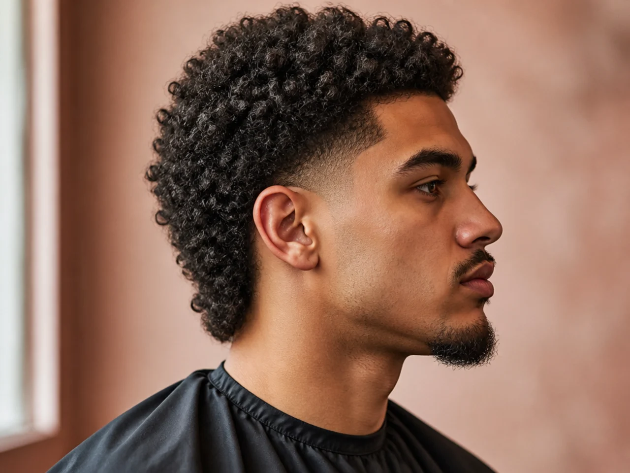 Coily low taper fade mullet on a Black man with tight top coils and layered back length