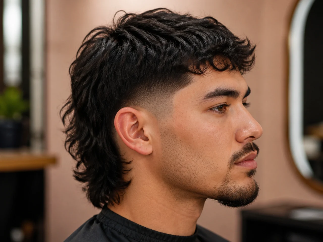 Barber and client discussing a low taper fade mullet reference photo in a modern barbershop