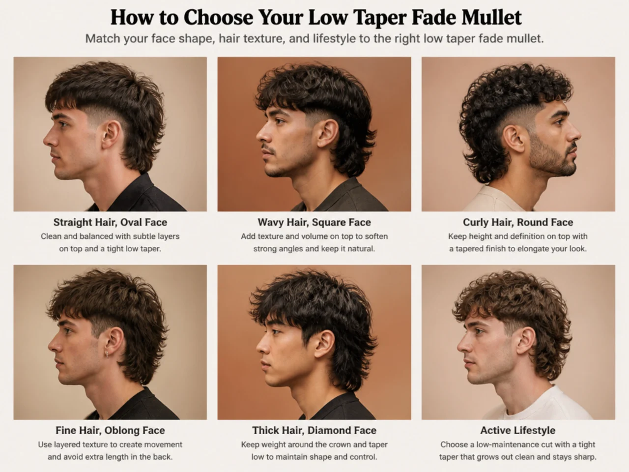 Comparison of three low taper fade mullet variations by back length on three different models