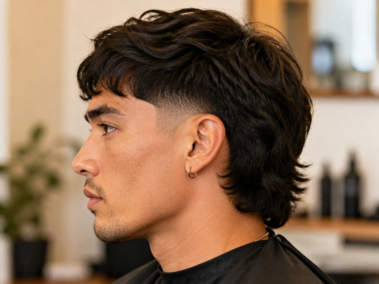 Side profile of a low taper fade mullet showing where the taper starts and how the back length falls