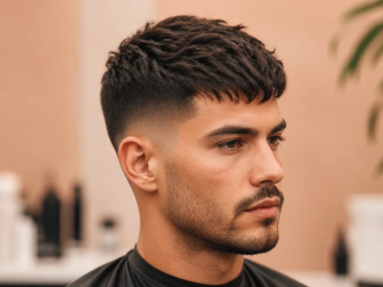 Short textured fringe with piecey front and low taper fade at the sides