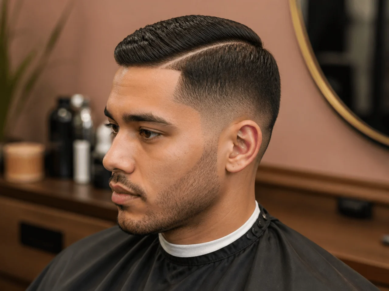 Short side part with a razored hard part and low taper fade at the sides