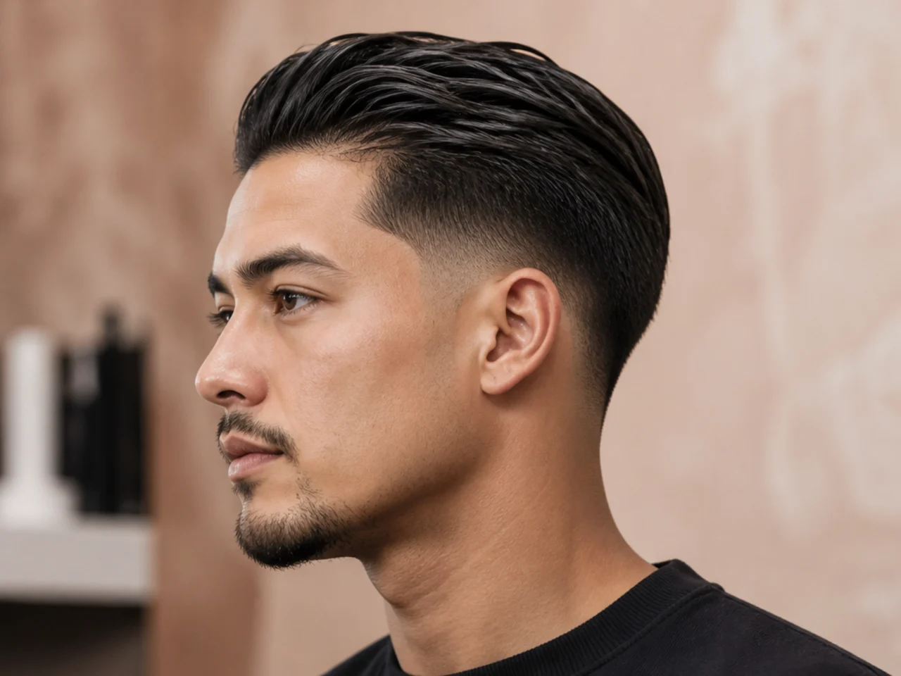 Short slick back with matte finish and low taper fade at the sides