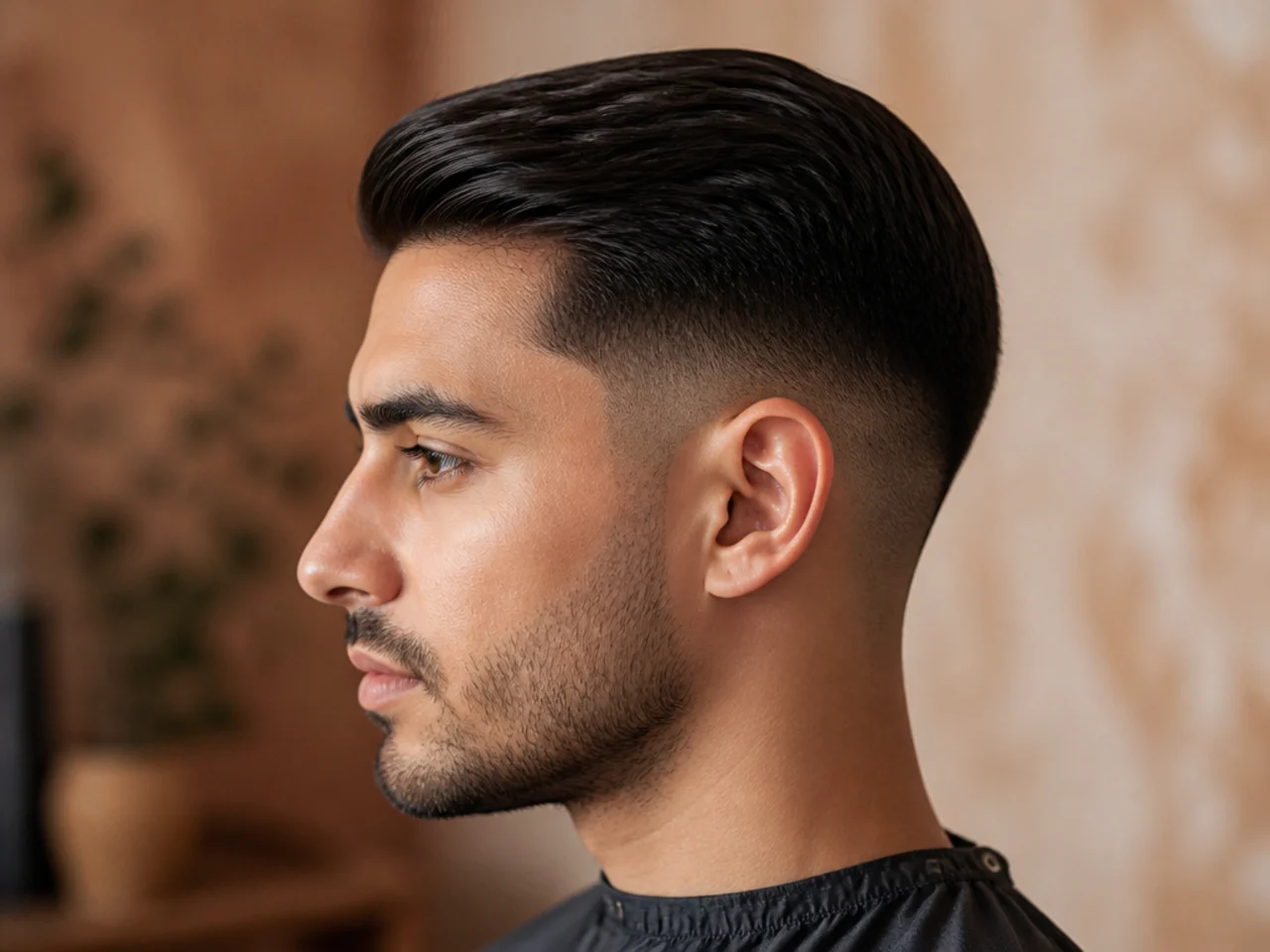 Short comb over with a hard part and low taper fade at the sides