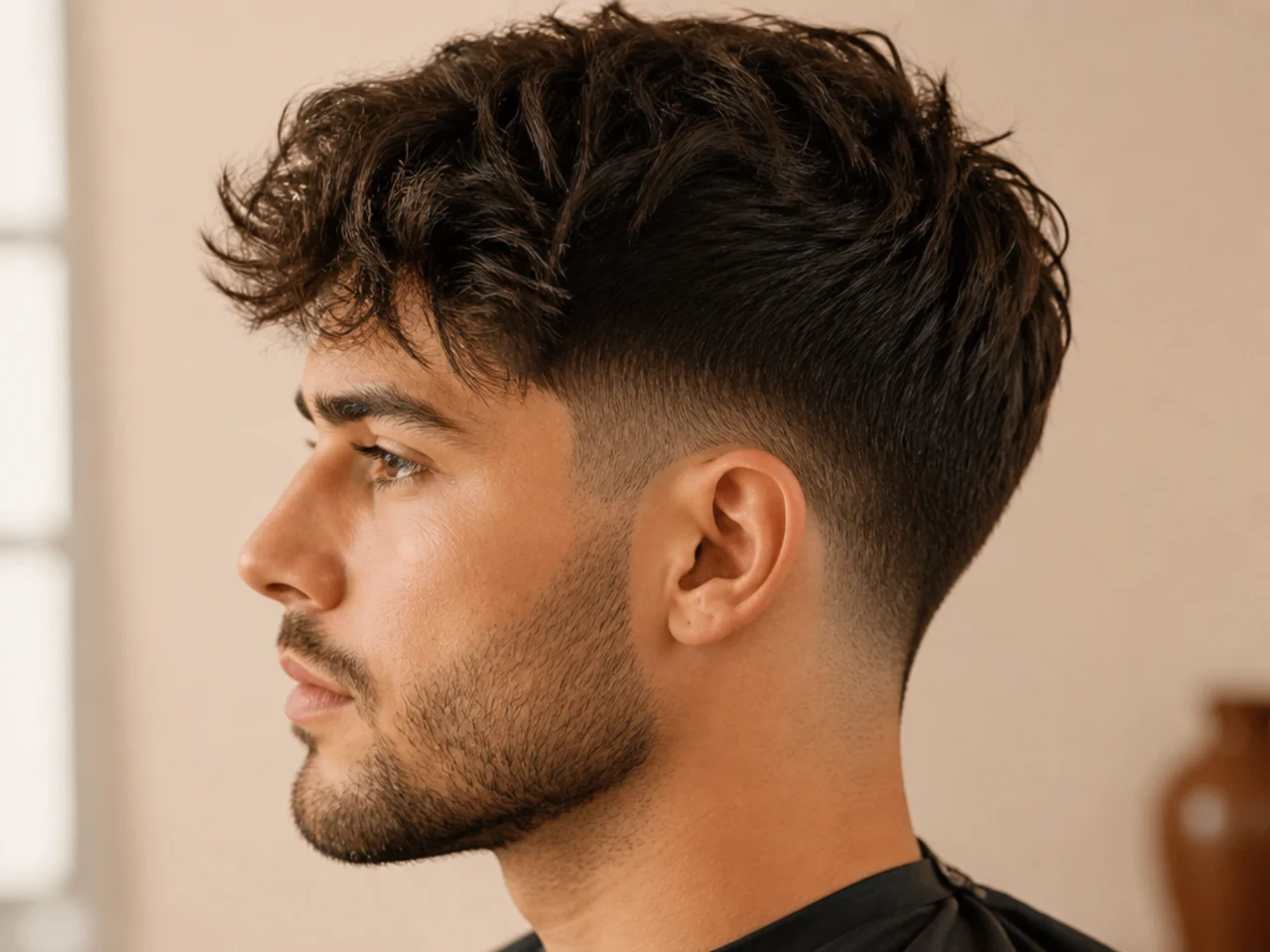 Short messy top with tousled texture and low taper fade at the sides