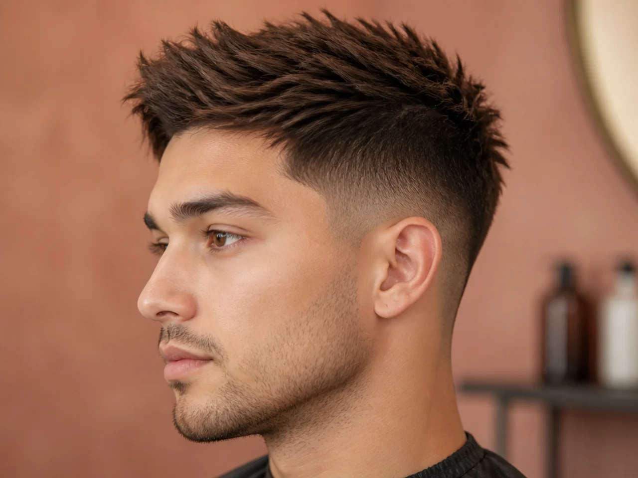 Short spiky top with defined vertical texture and low taper fade at the sides