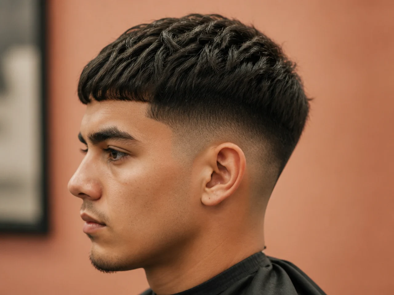 Short edgar-style crop with blunt-cut fringe and low taper fade at the sides