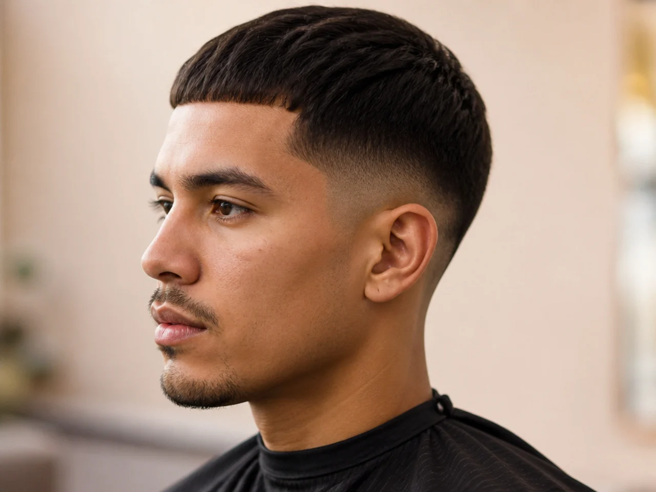 Short blunt micro-fringe with straight-line edge and low taper fade at the sides