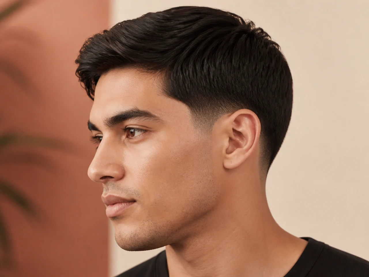 Ivy league haircut with low taper fade and a soft side part on wavy hair