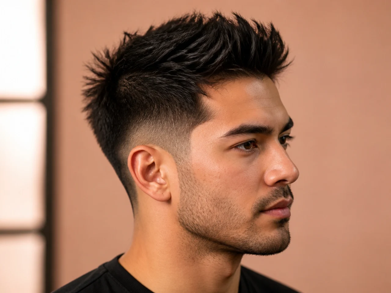 Short faux hawk with central strip of length and low taper fade at the sides