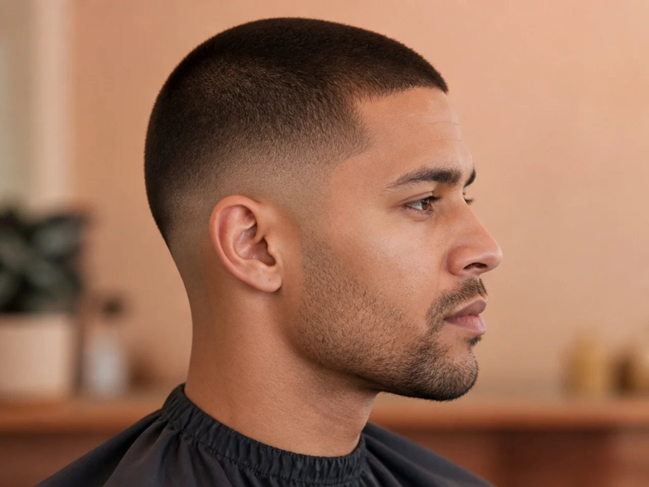 Buzz cut at a number three guard on top with low taper fade at the sides