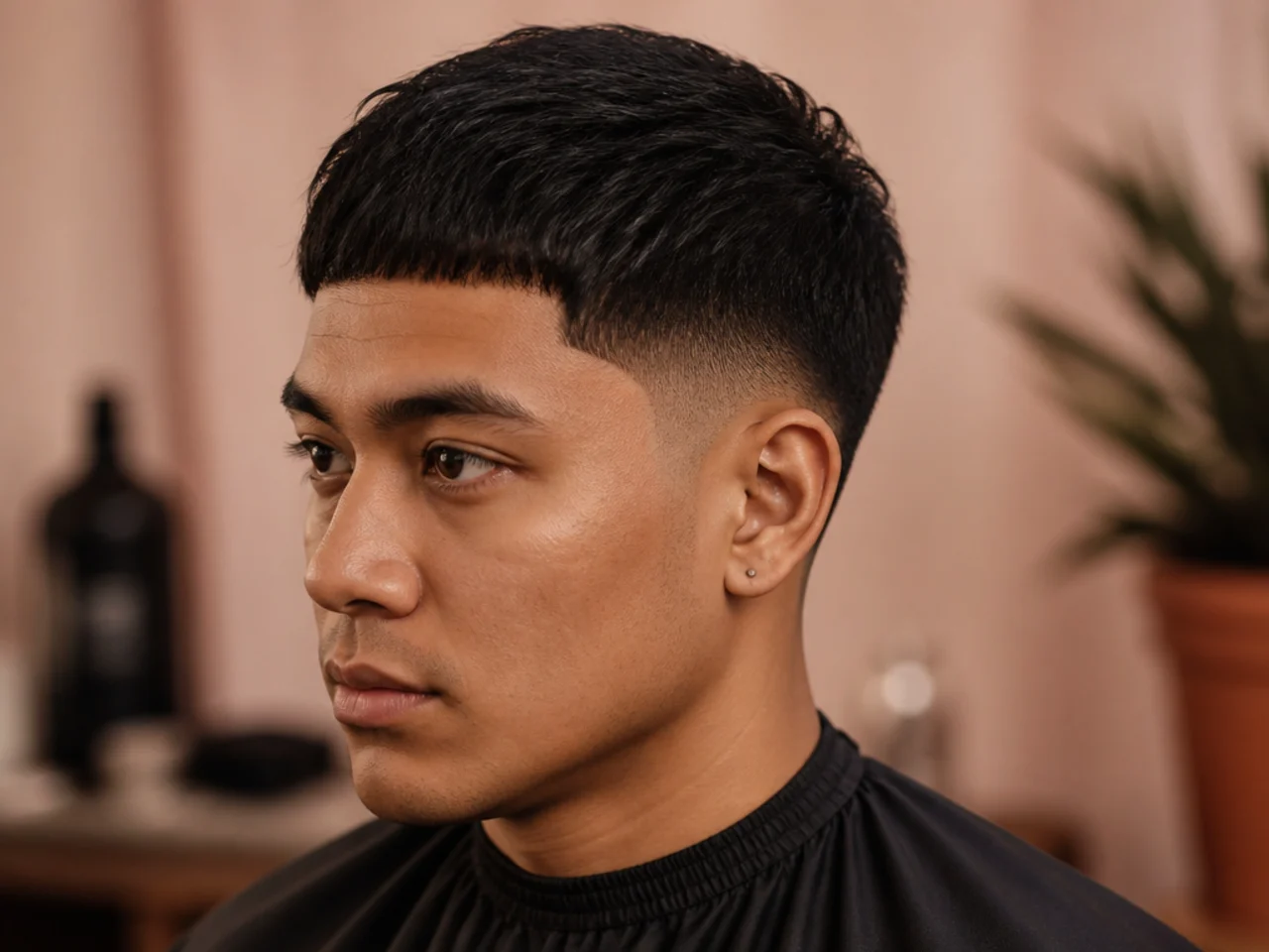 Caesar cut with a short forward-swept fringe and low taper fade at the sides