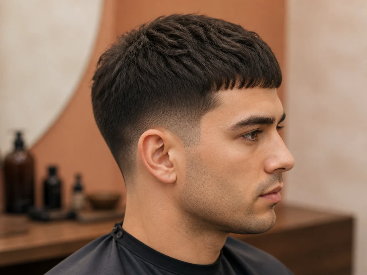French crop with textured short top and low taper fade on a mixed-ethnicity man