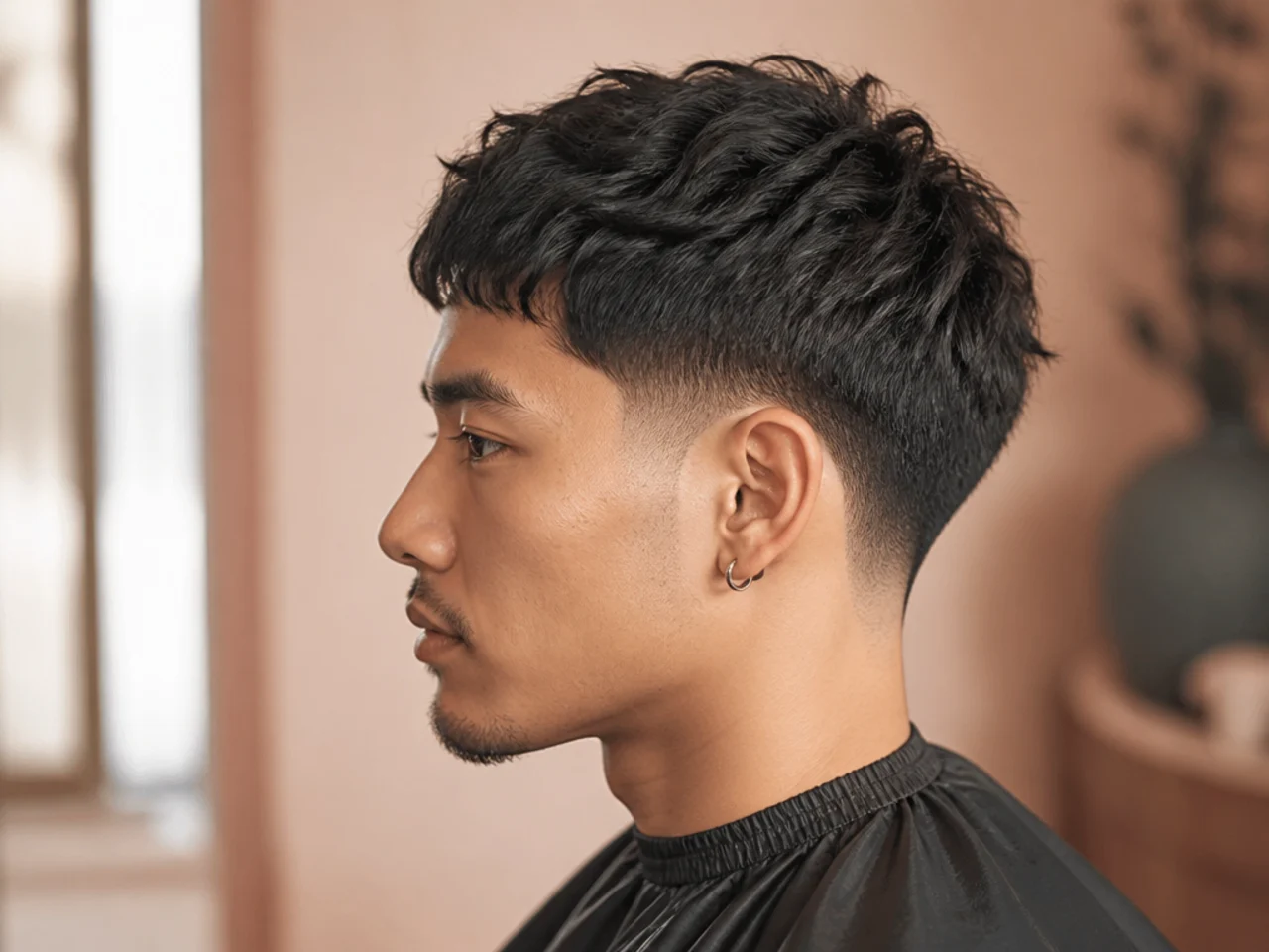 Textured crop with visible layering on top and low taper fade at the sides