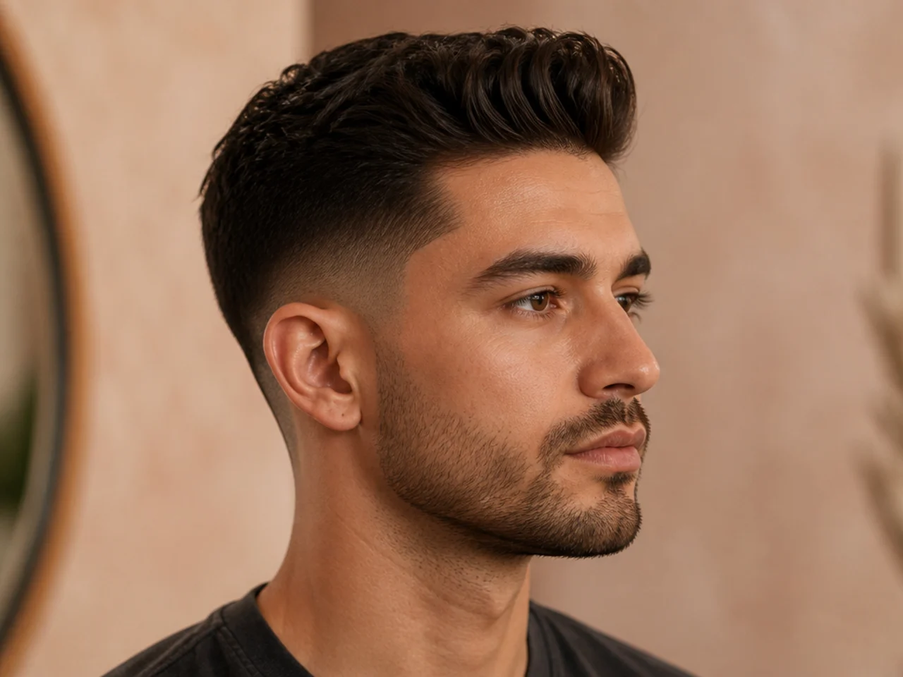 Short quiff with front volume and low taper fade at the sides on straight hair
