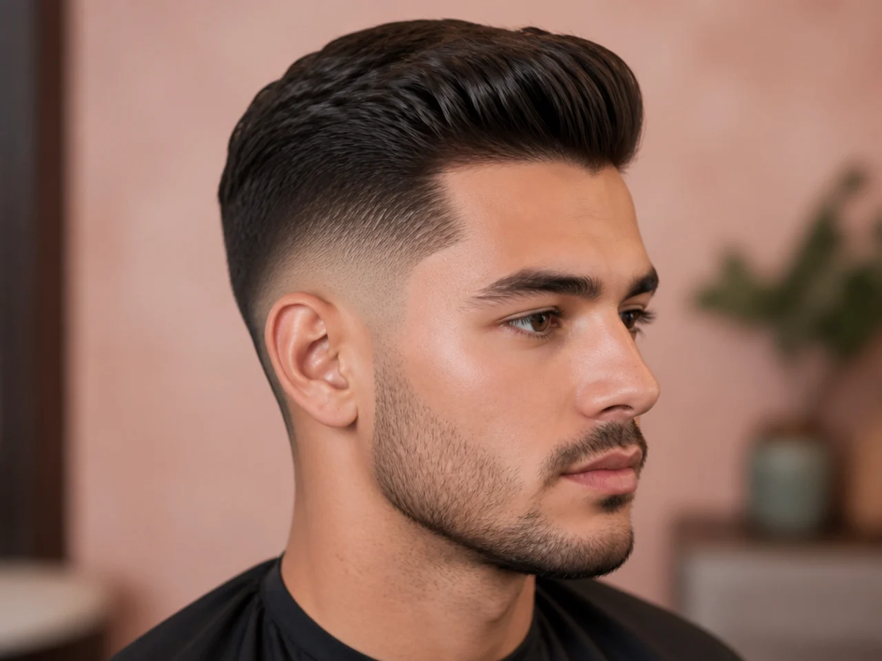 Short pompadour with rolled-back volume and low taper fade at the sides