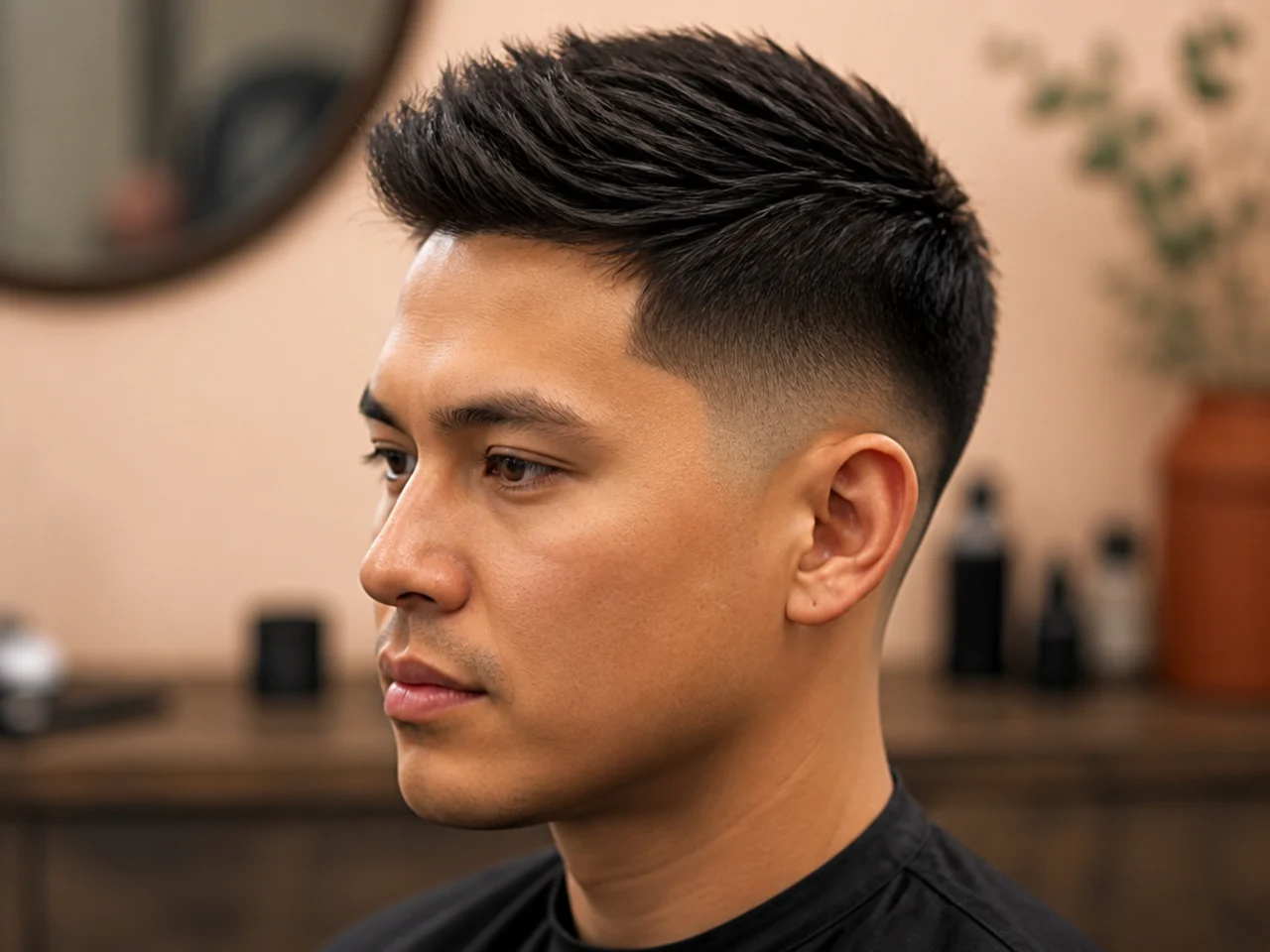 Short brush up styled straight up with matte finish and low taper fade at the sides