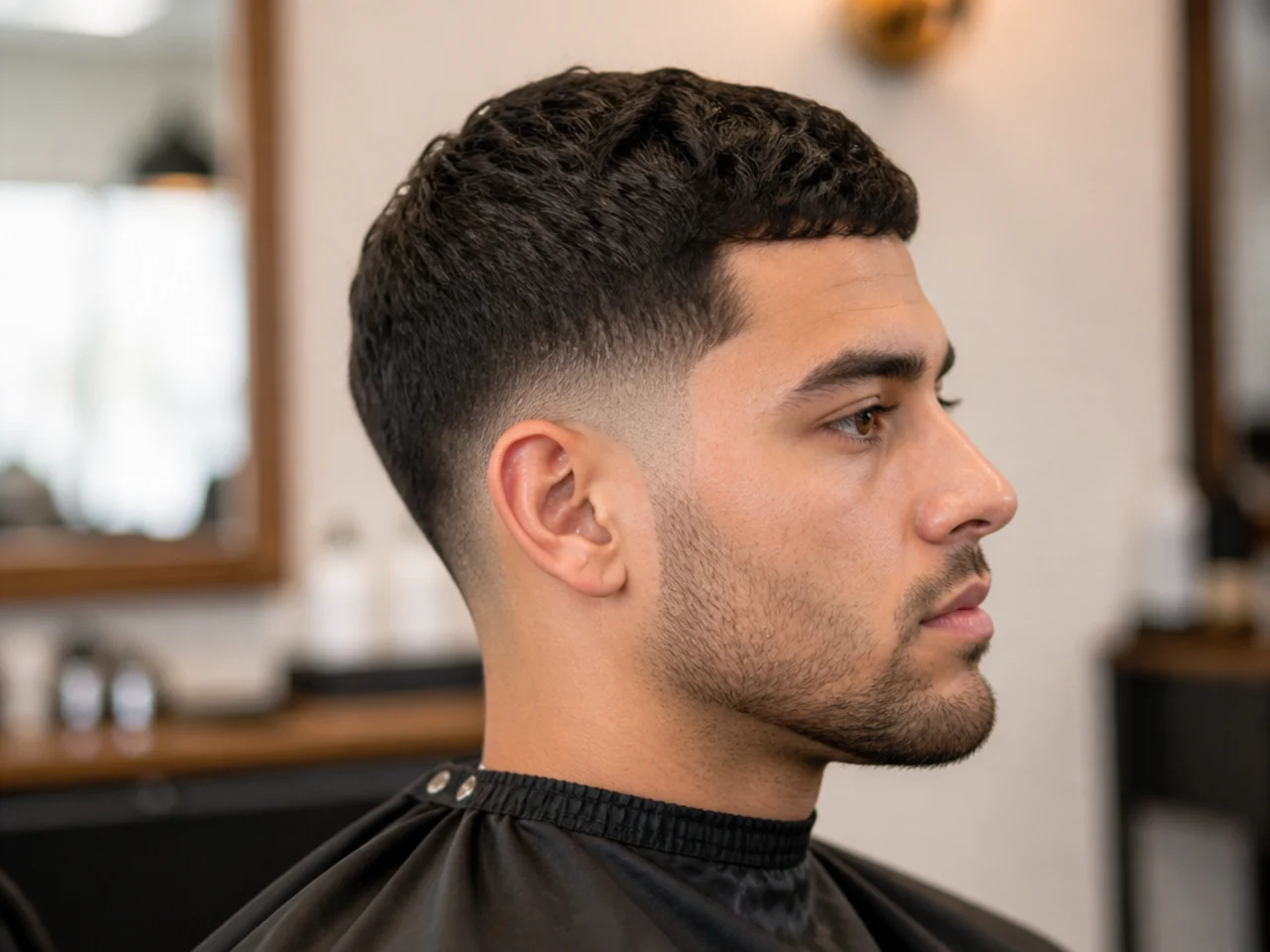 Man showing a phone reference photo to a barber before a low taper fade with short top