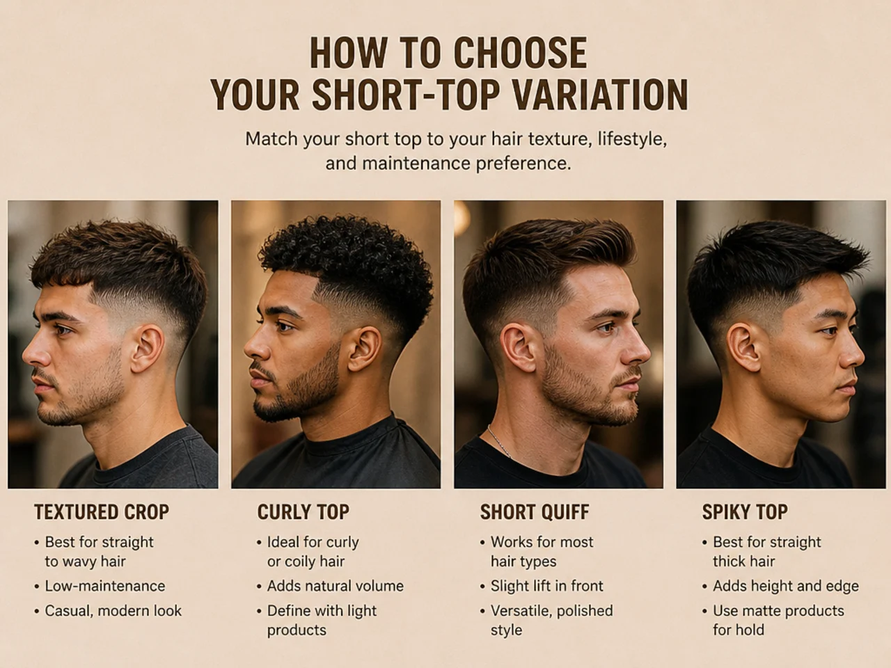 Three men side by side with different short-top low taper fade variations — buzz cut, crew cut, and short crop