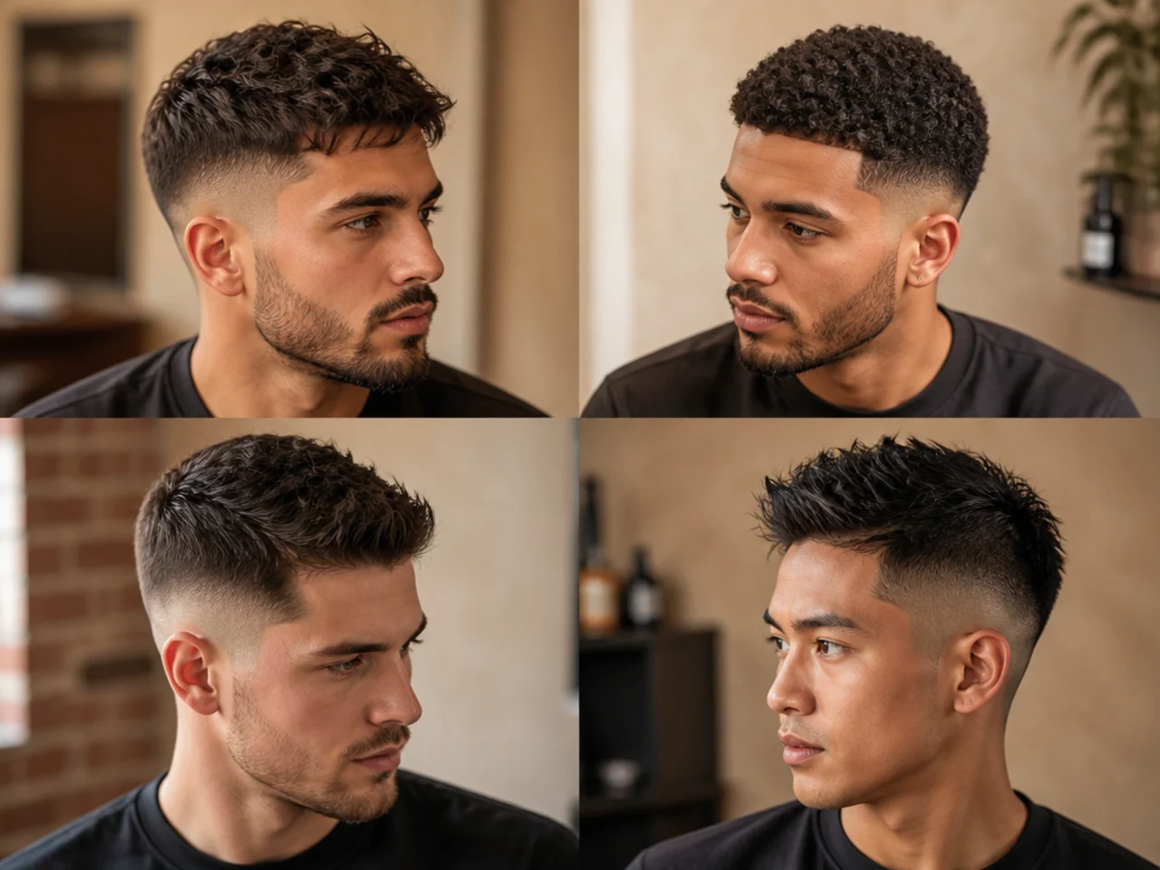 Short-hair styling essentials for a low taper fade — matte clay, sea-salt spray, and a barber comb