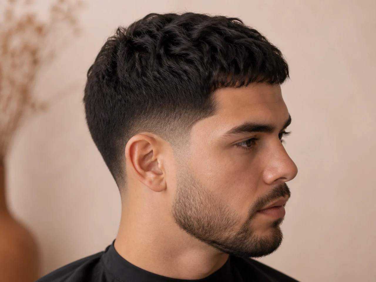 Close-up side profile of a fresh low taper fade with a short crew cut on top