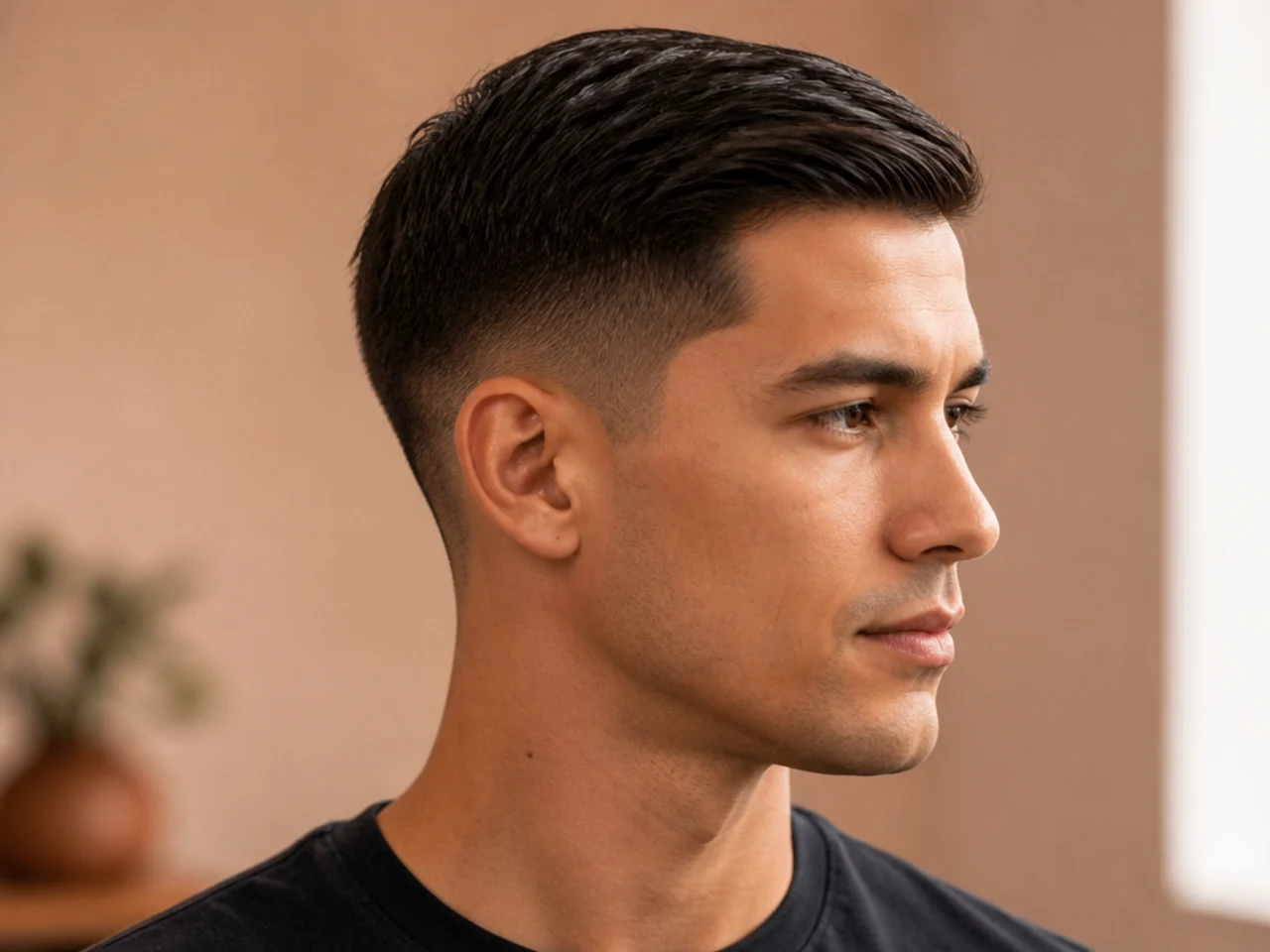 Low taper fade with a clean Ivy League side-parted top on straight blond hair