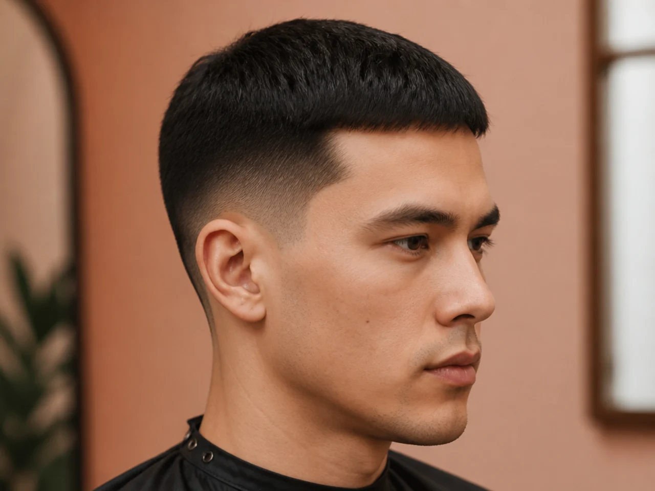 Low taper fade with a short straight crew cut on top and clean neckline