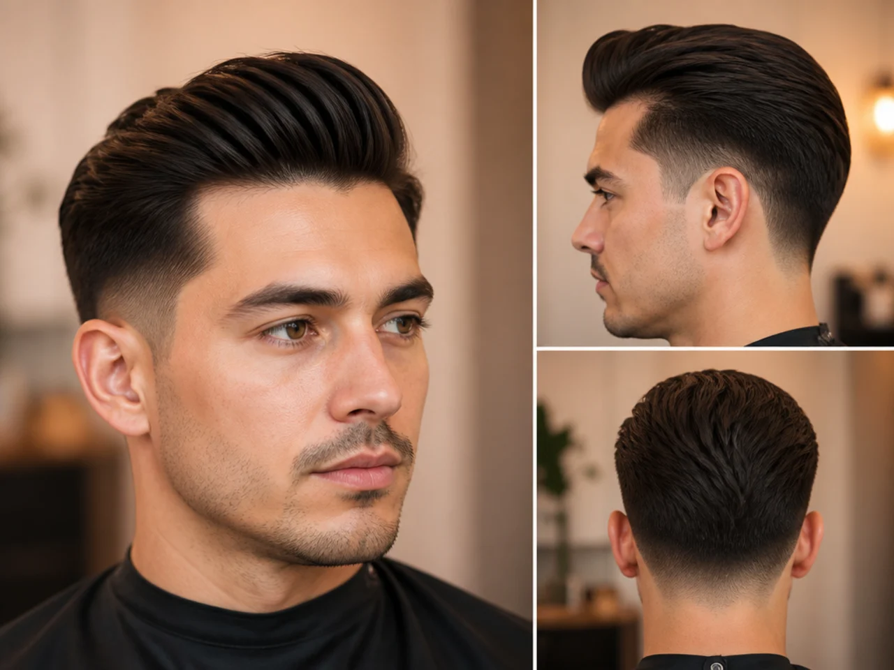 Low taper fade with a straight pompadour lifted high at the front on dark hair