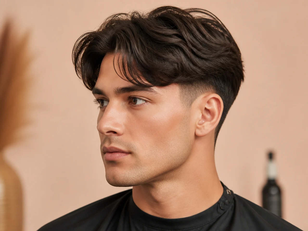 Low taper fade with straight curtain bangs parted in the middle and falling to the cheekbones