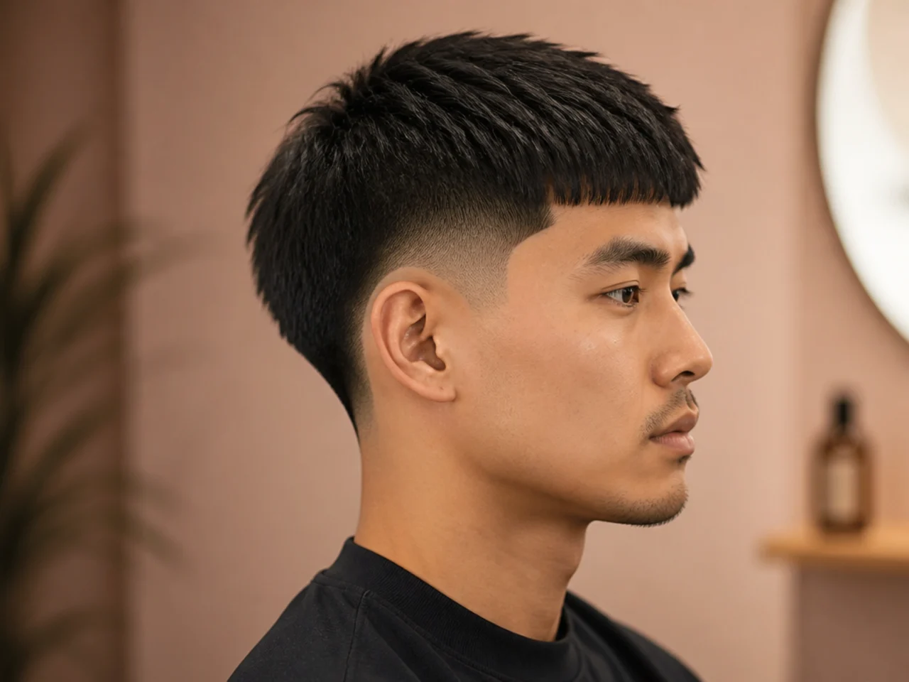 Low taper fade with a disconnected straight top brushed back on medium-length hair