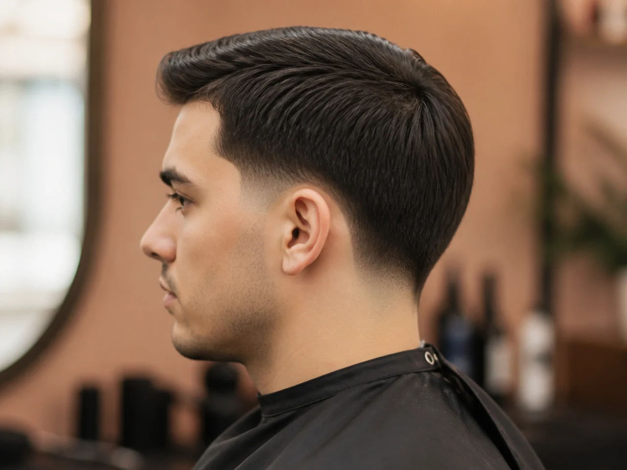 Low drop taper fade curving behind the ear with straight brown hair on top