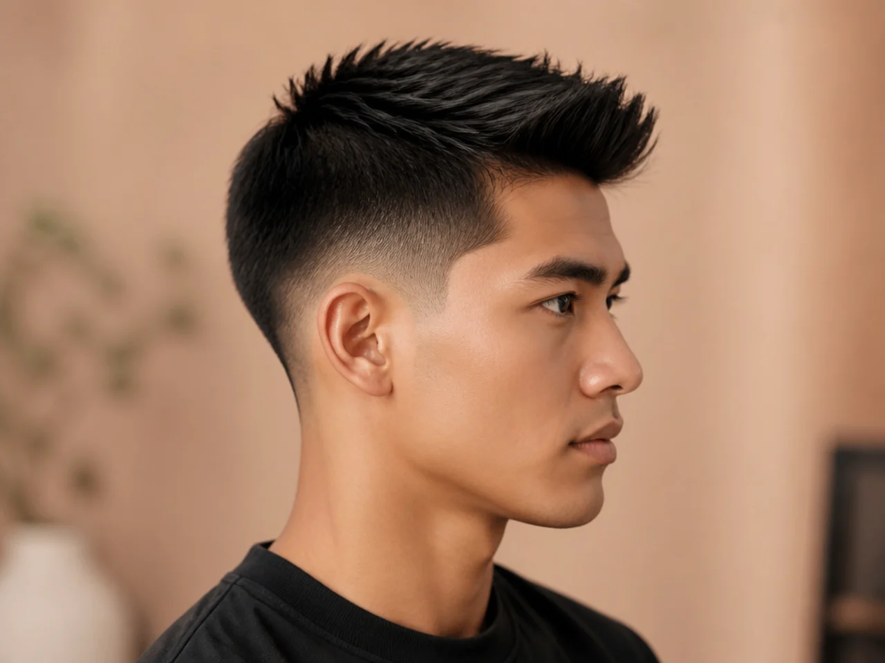 Low taper fade with a straight faux hawk strip on top running crown to forehead