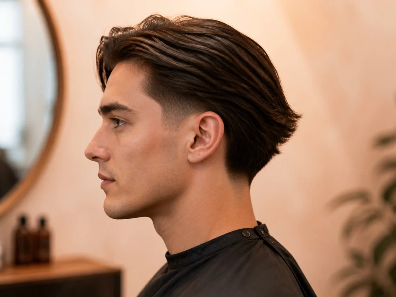 Low taper fade with long straight hair flowing back naturally in a bro flow style