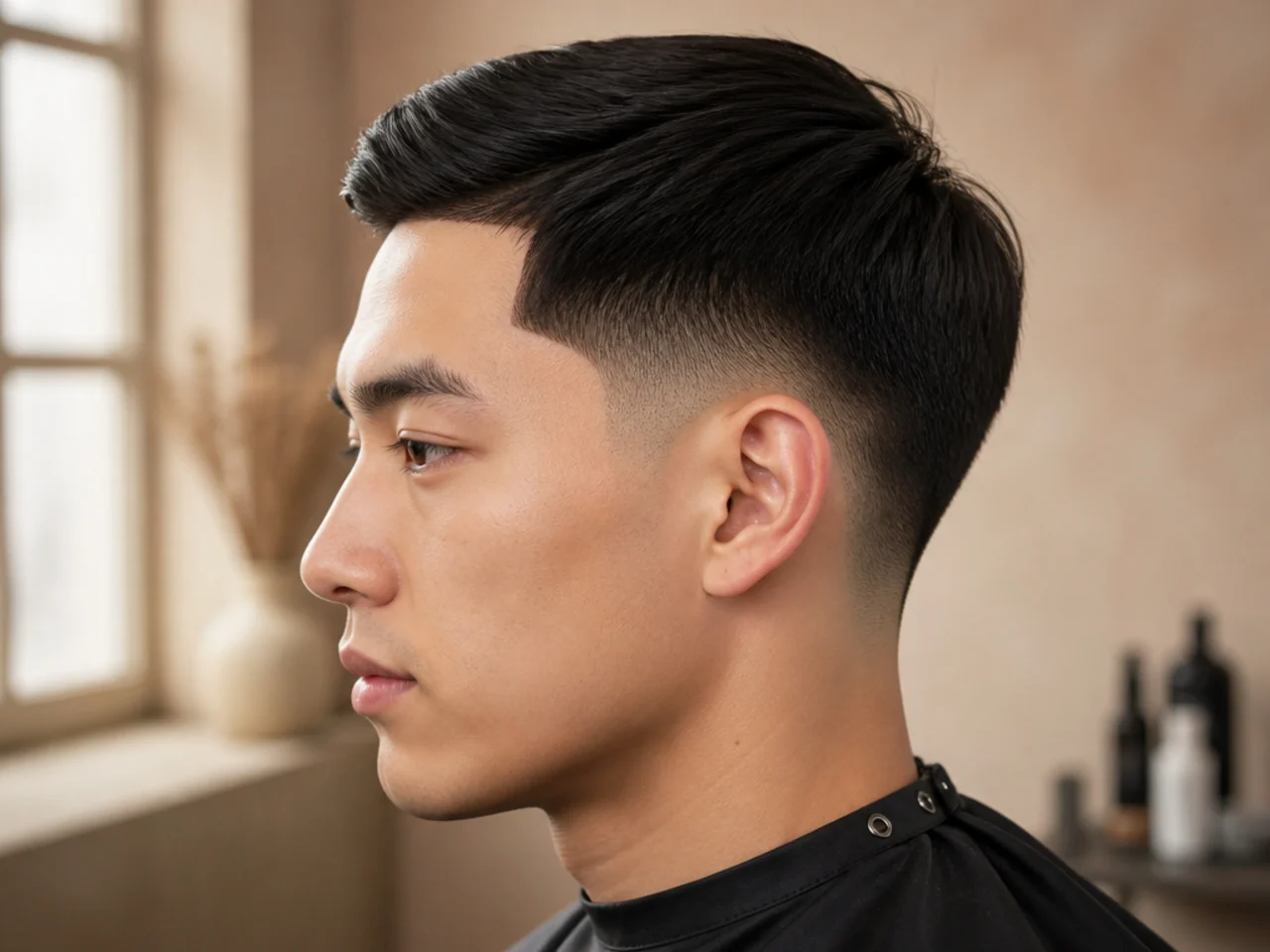 Low taper fade with a sharp razor line-up at the forehead framing straight dark hair