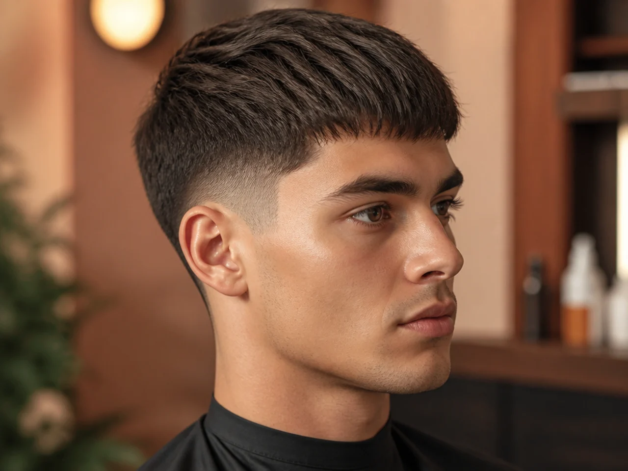 Low taper fade with a French crop on top and a blunt straight fringe on dark hair