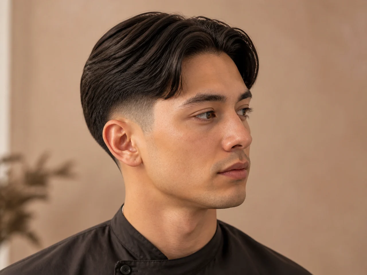 Low taper fade with a straight middle part flowing to both sides on medium-length hair