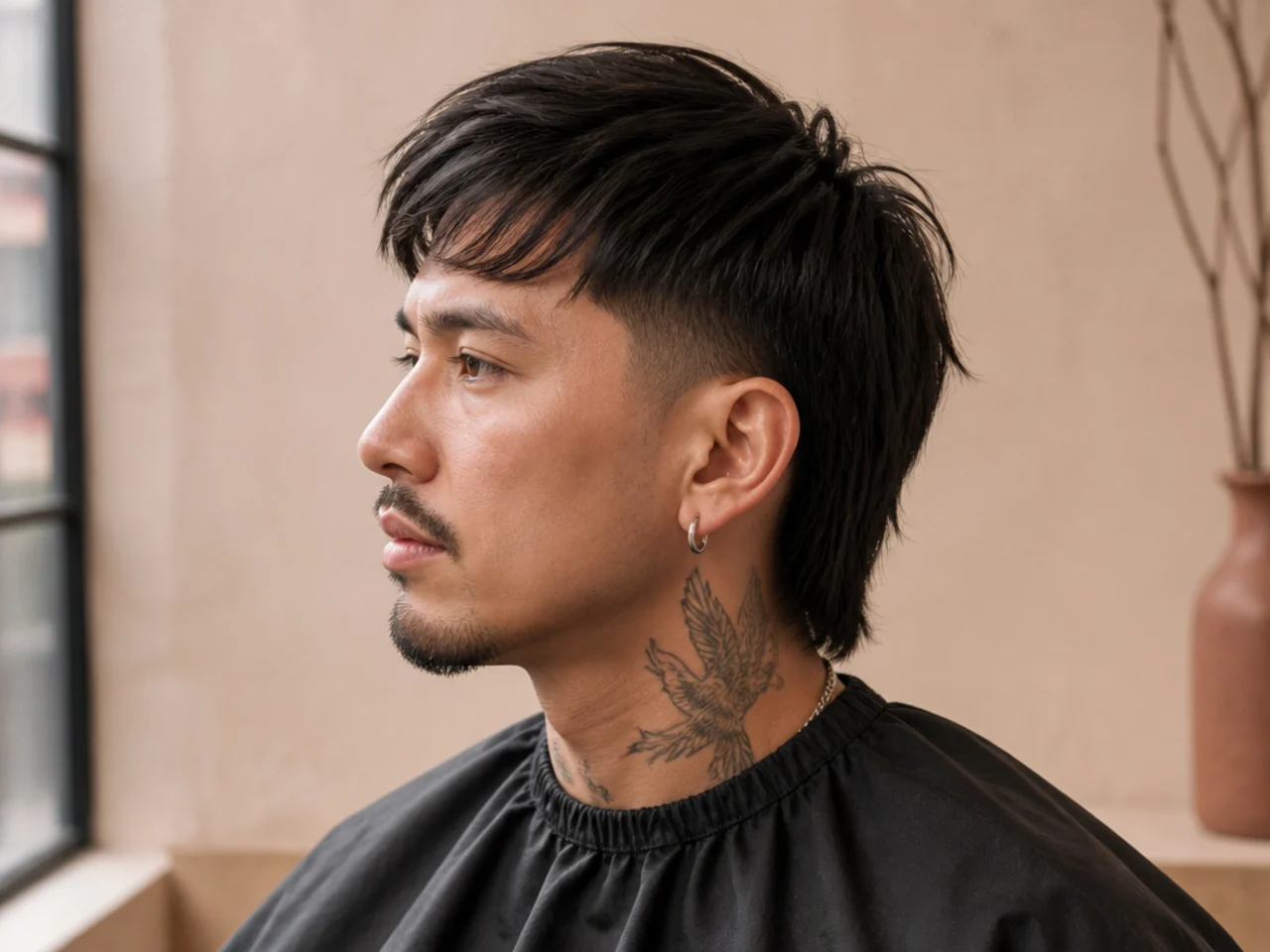 Modern mullet on straight hair with low taper fade sides and length at the nape