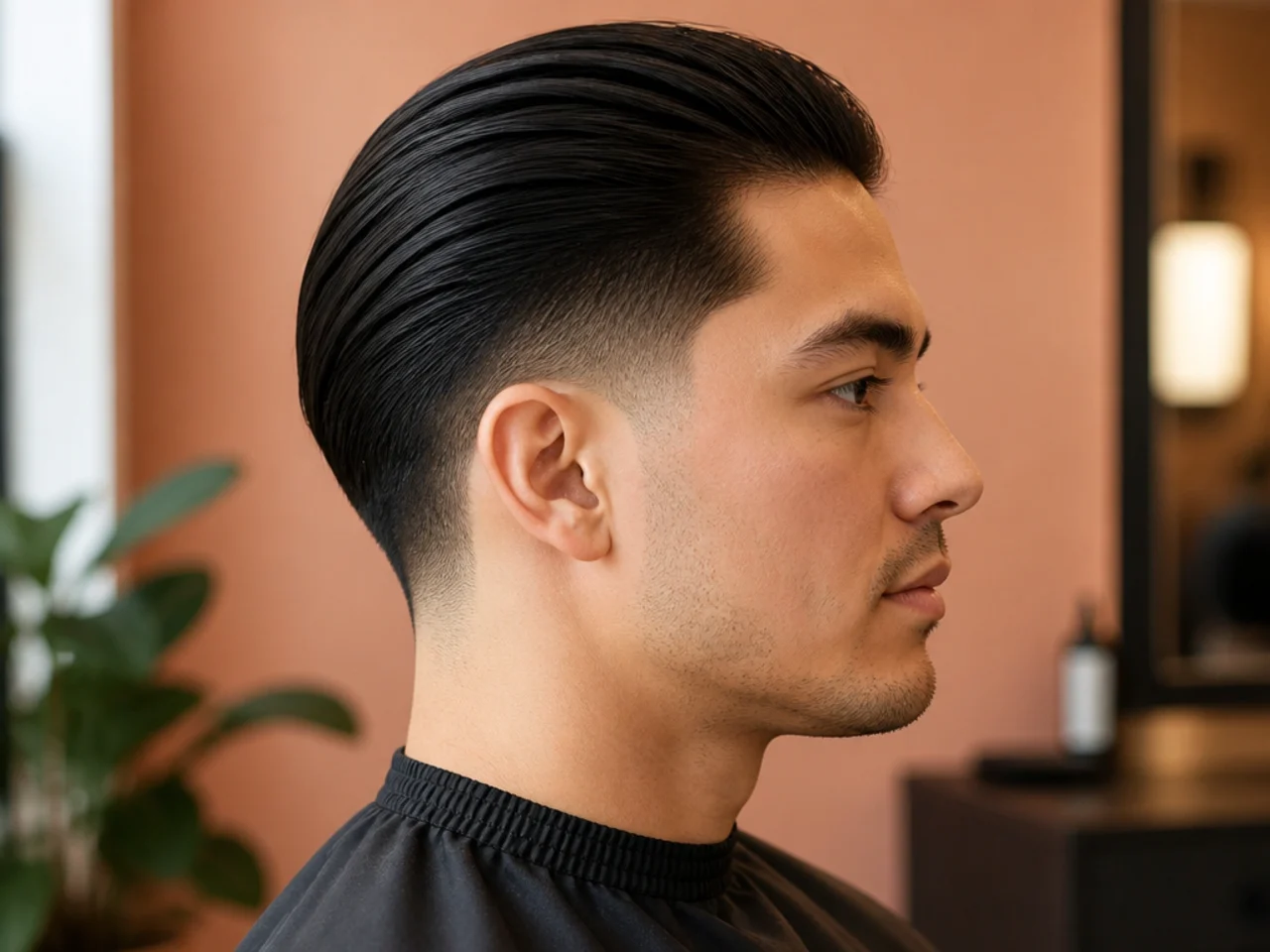 Low taper fade with slicked-back straight hair on a young man in business attire