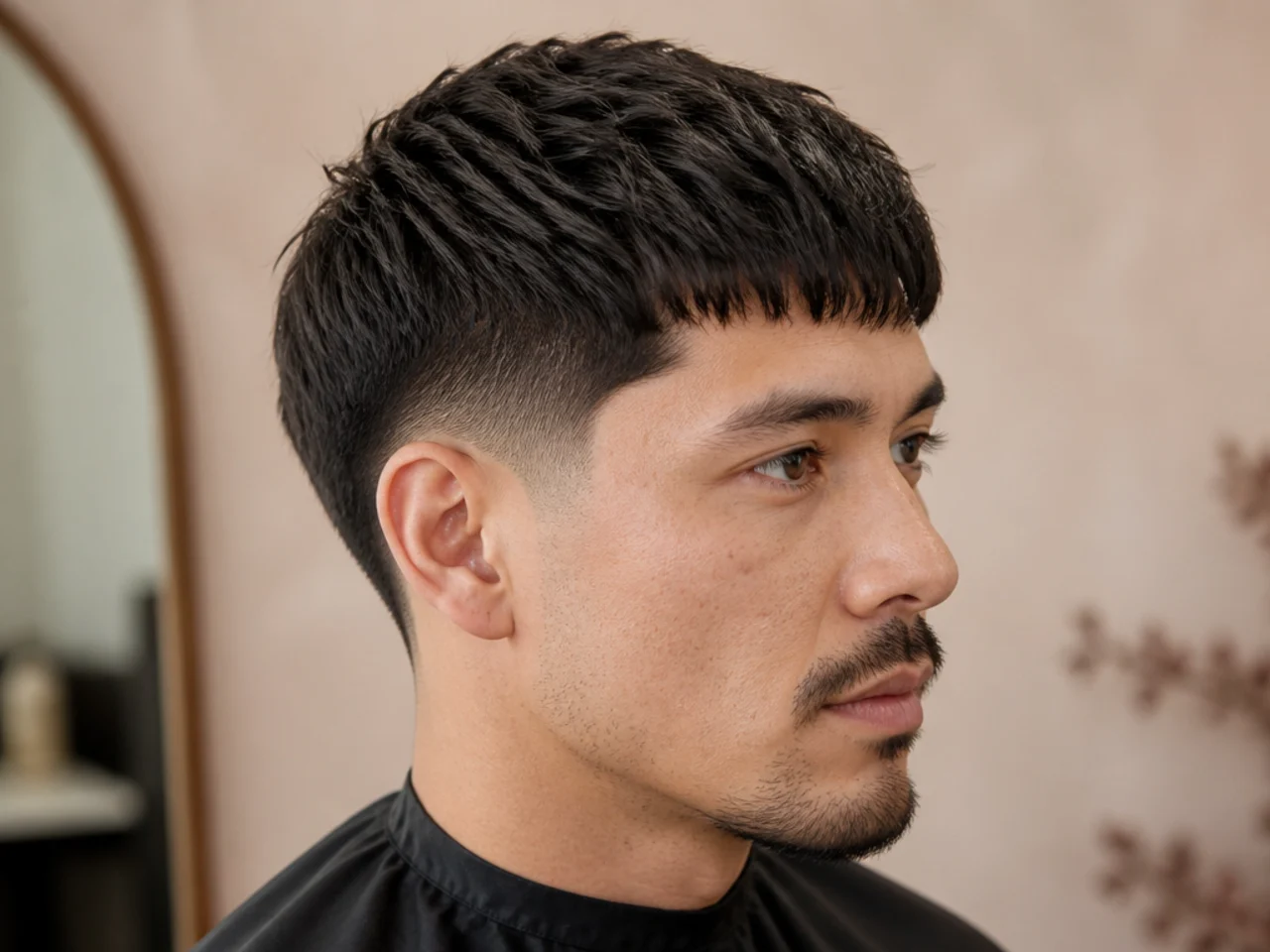 Low taper fade with a textured crop and forward fringe on straight dark hair