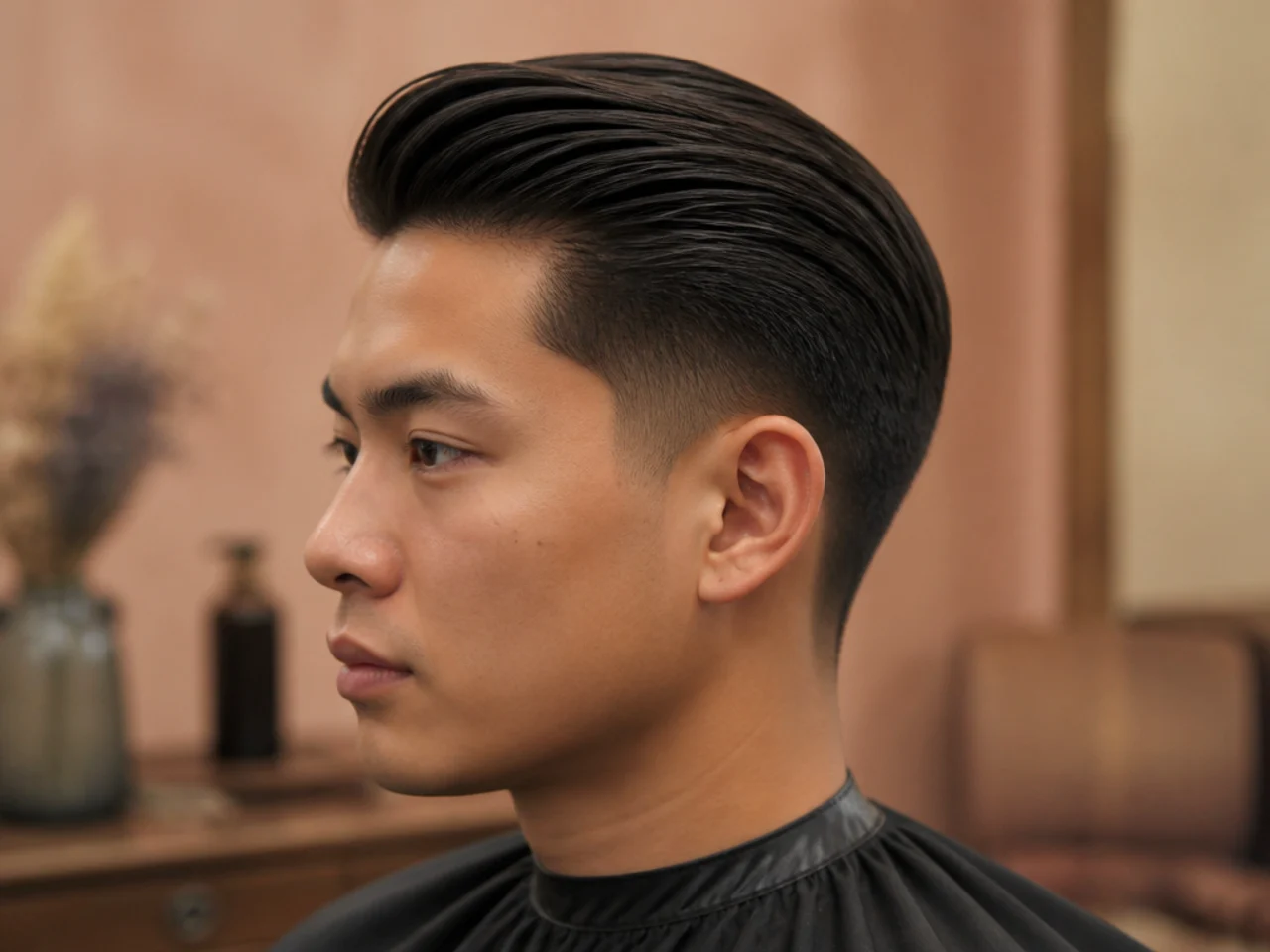 Low taper fade with a classic straight comb over on medium-length brown hair