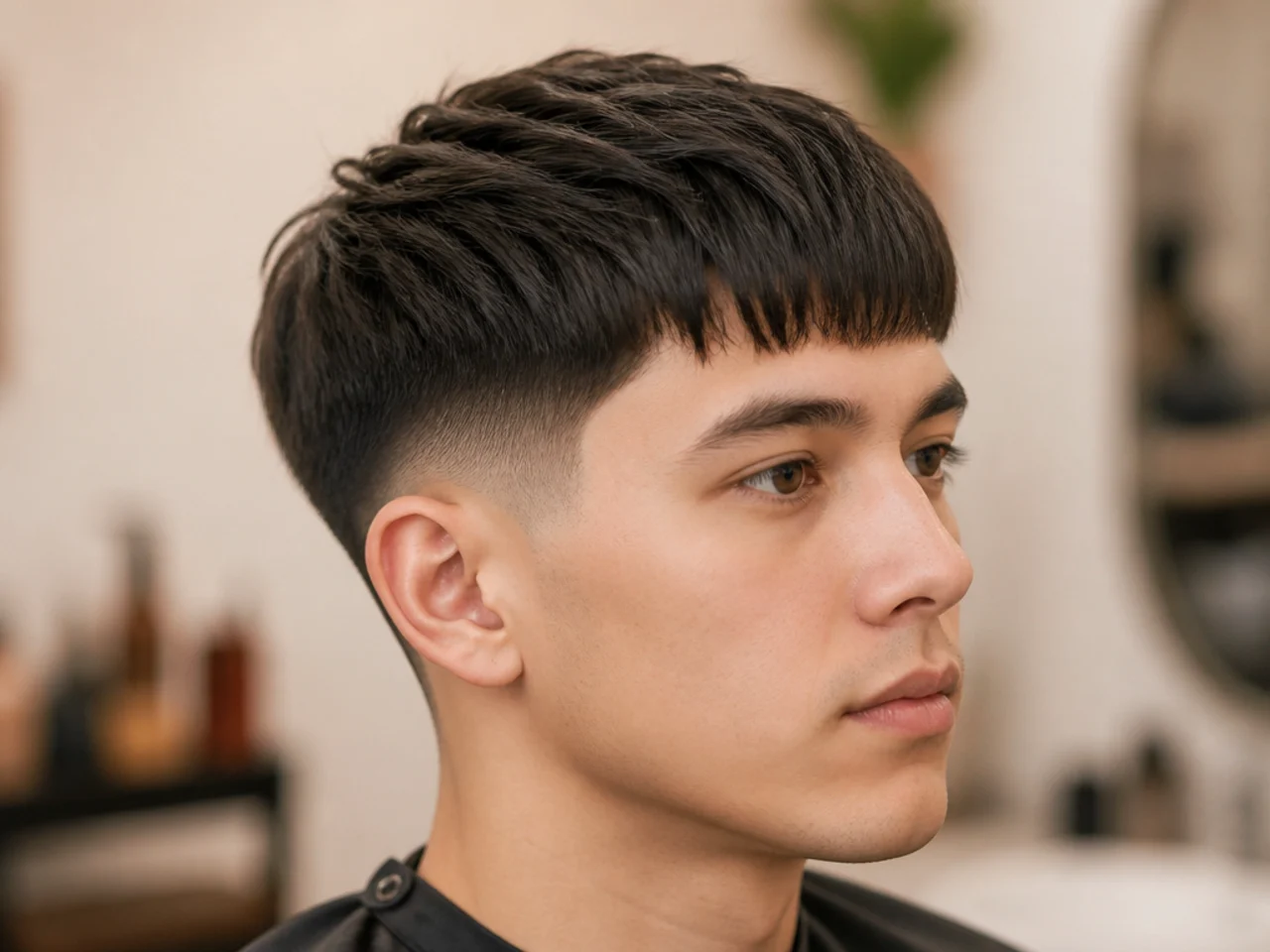 Low taper fade with a straight forward-swept fringe falling to the brows