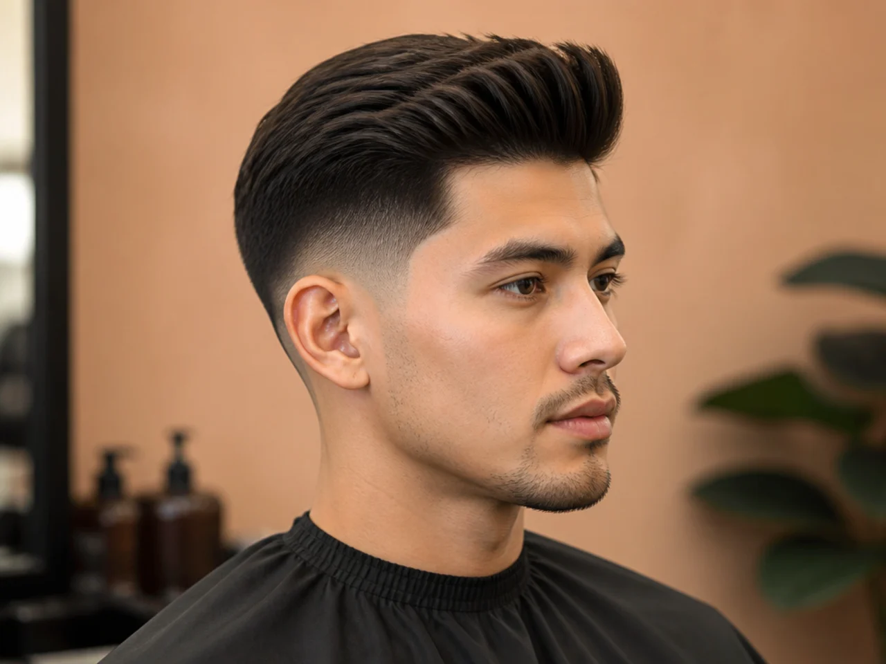 Low taper fade with a straight quiff lifted at the front on dark brown hair