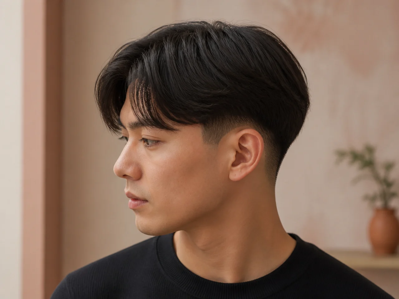 Two block haircut with straight hair on top covering a low taper fade lower block