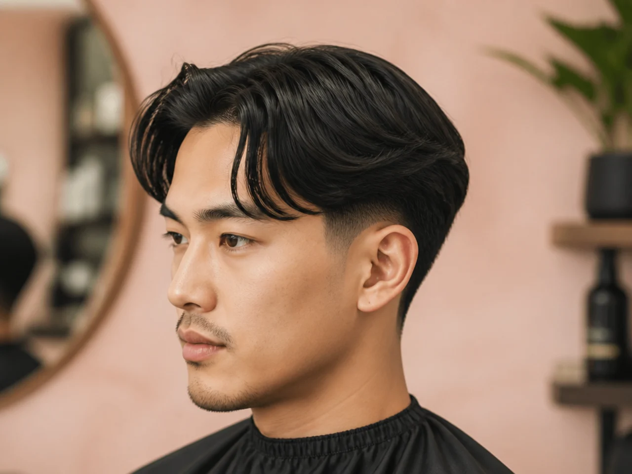 Low taper fade with straight comma-shaped fringe curving across the forehead