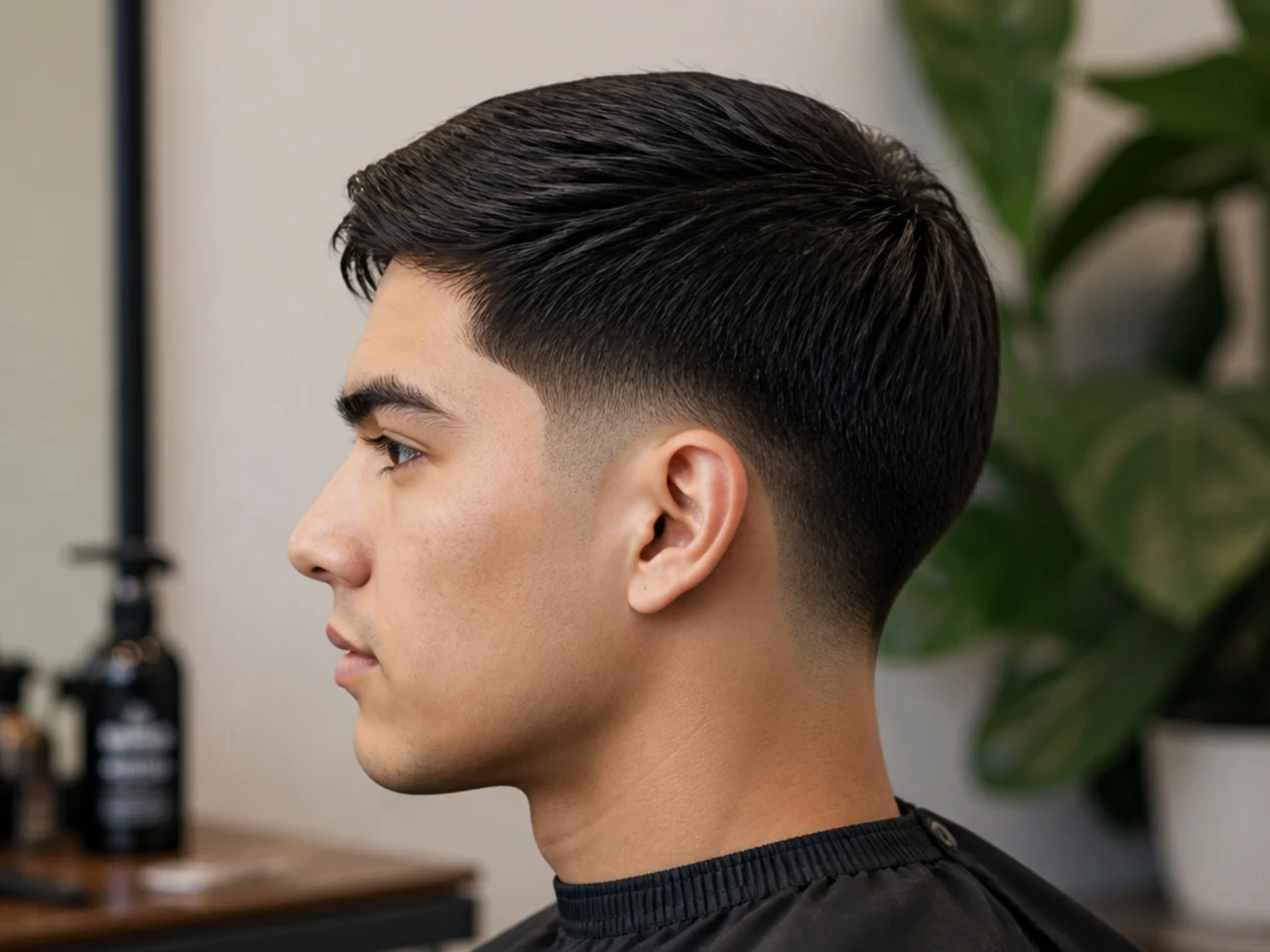 Straight-haired client showing a phone reference photo to a barber before a low taper fade