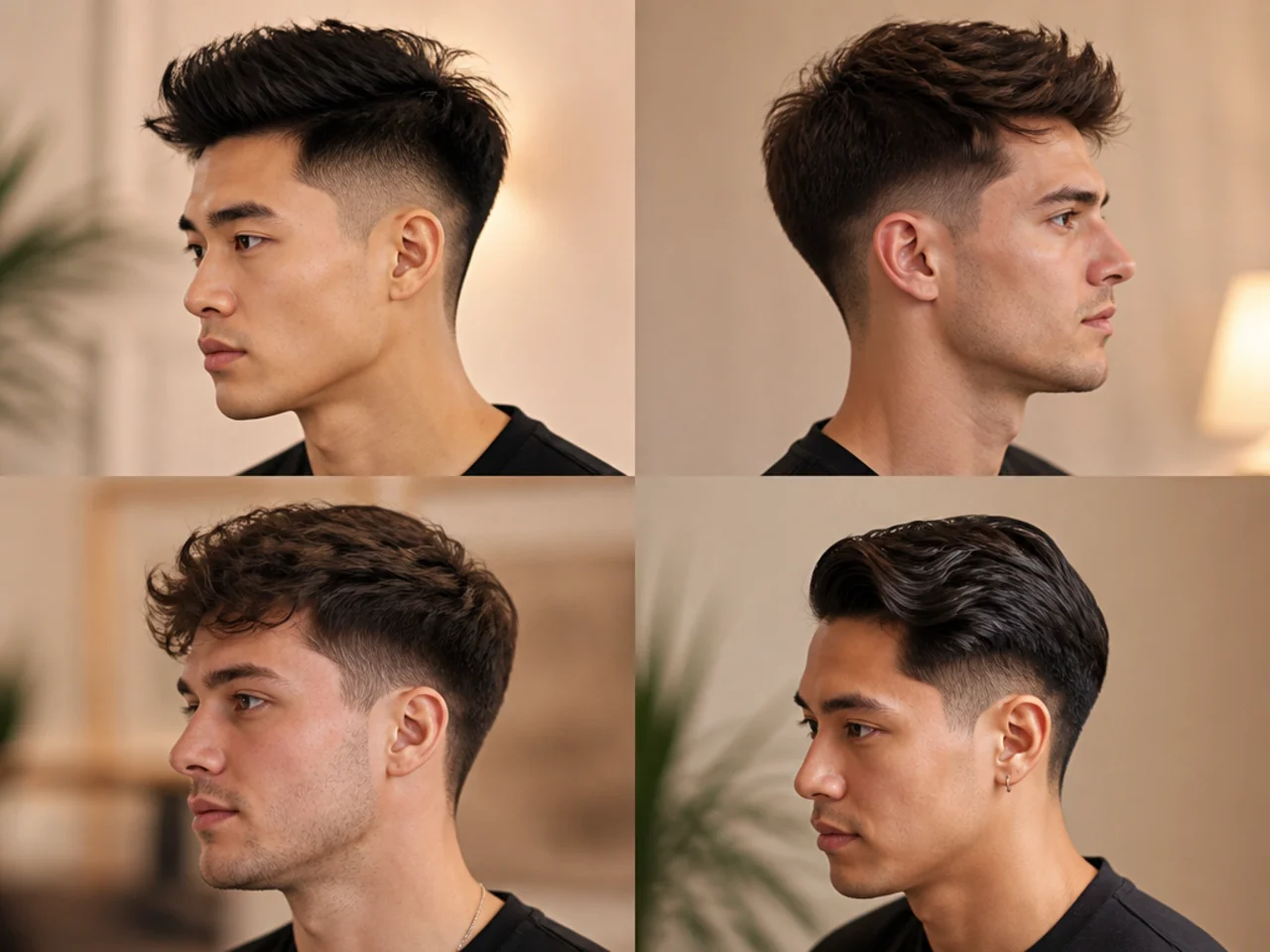 Three straight-haired men showing different low taper fade top lengths — buzz, mid-length, and long