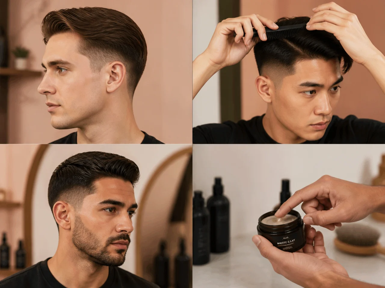 Straight-hair styling essentials for a low taper fade — matte clay, sea-salt spray, blow-dryer, wide-tooth comb