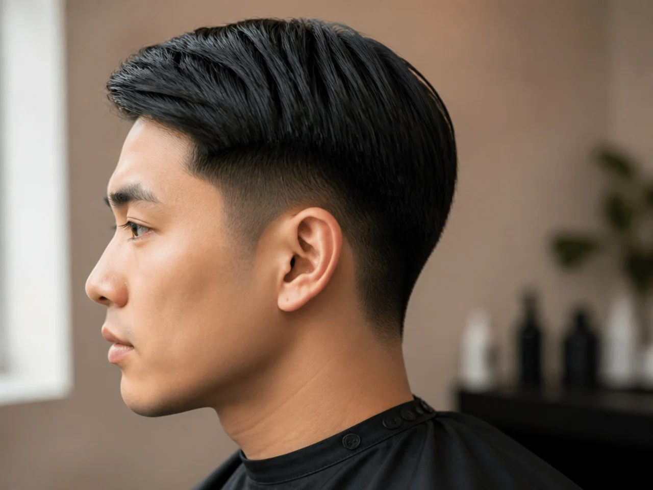 Fresh low taper fade on straight brown hair blending softly above the ear into a clean side profile