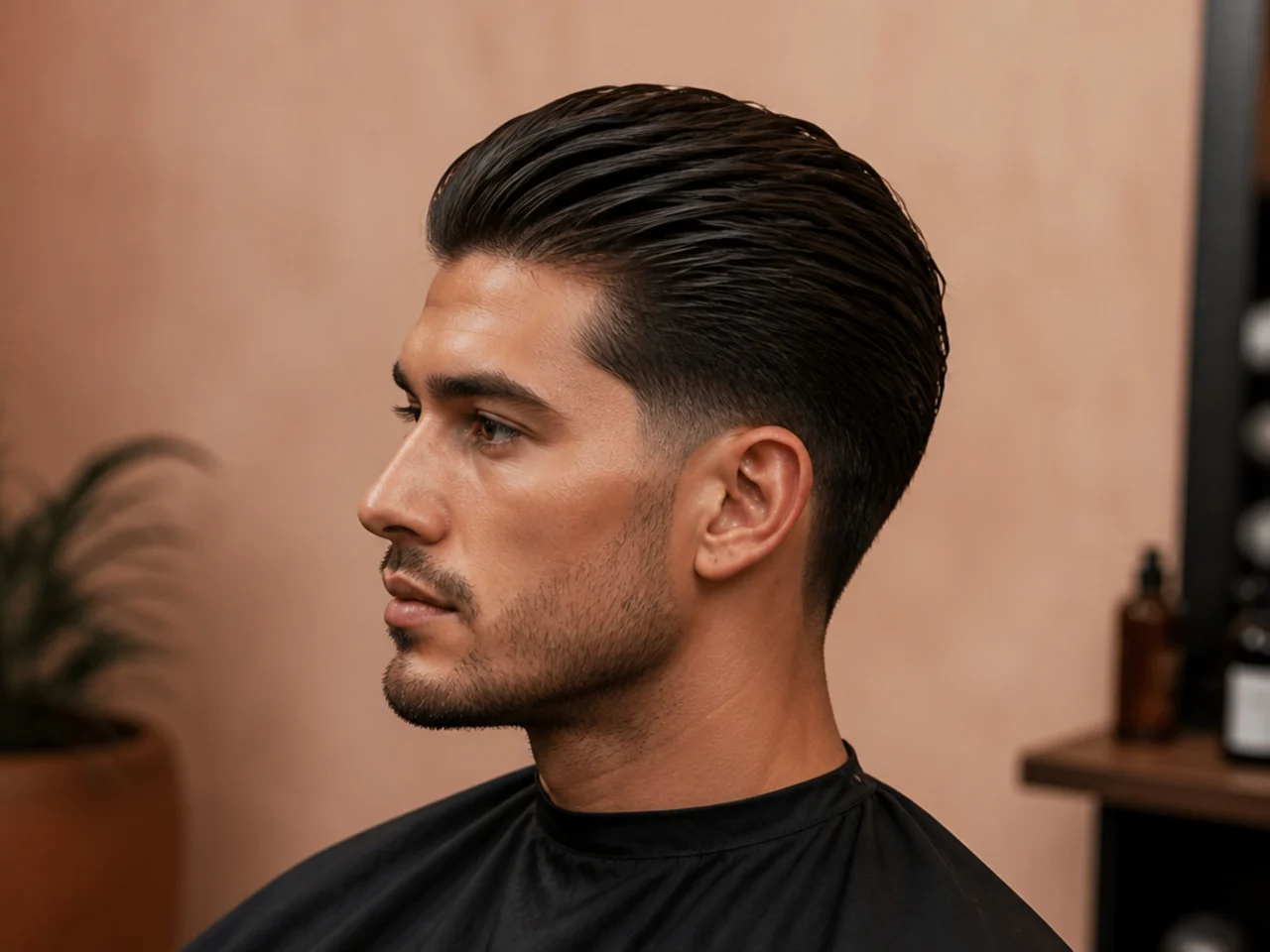 Thick hair low taper slick back with reduced bulk from thinning shears and clean side profile